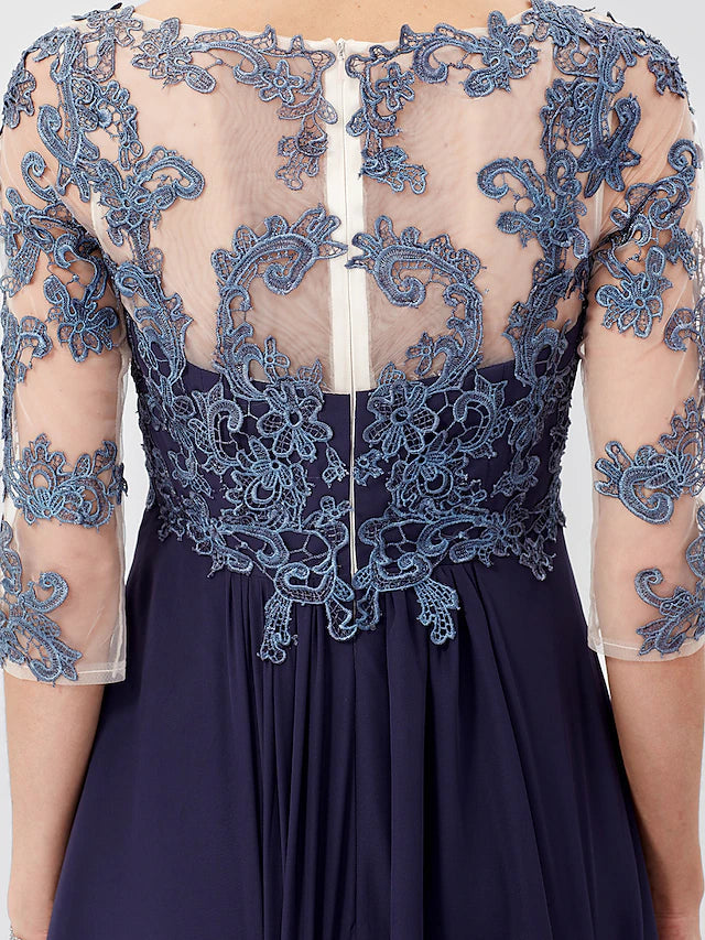 Luolandi Ball Gown A-Line Mother of the Bride Dress Formal Plus Size Elegant V Neck Floor Length Chiffon Sheer Lace 3/4 Length Sleeve with Appliques