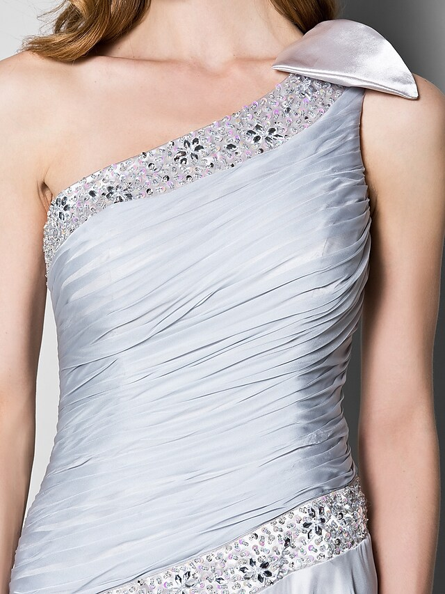 Luolandi A-Line Mother of the Bride Dress Elegant One Shoulder Floor Length Chiffon Sleeveless with Bow(s) Beading