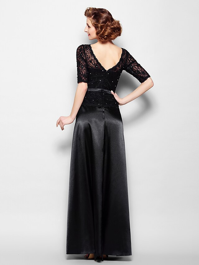 Luolandi Mother of the Bride Dress Elegant V Neck Floor Length Lace Satin Half Sleeve with Lace Bow(s)