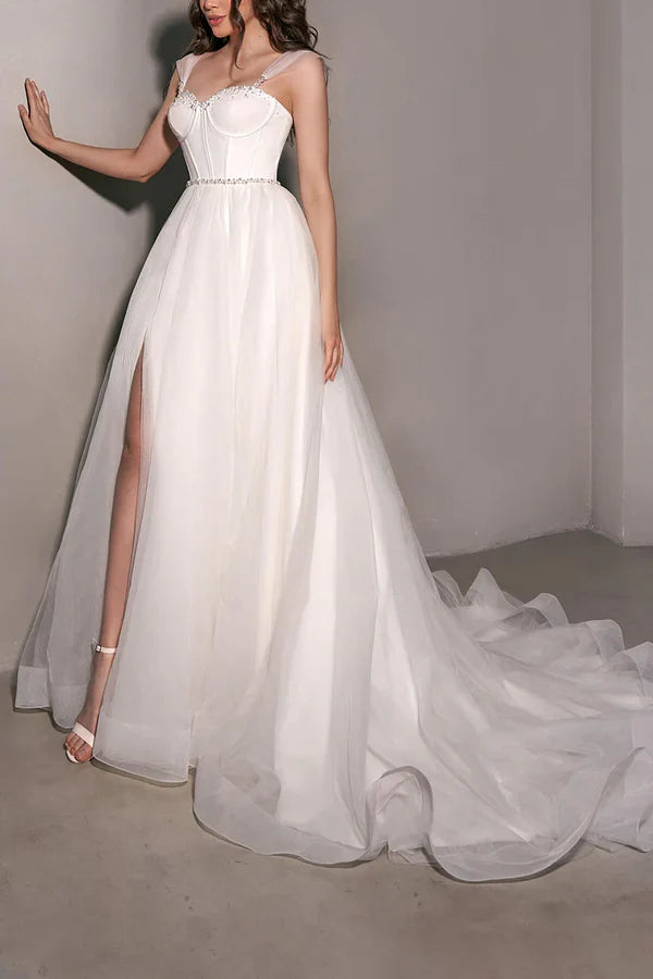 Luolandi A Line Sweetheart Pearl sheer minimalist wedding dress With Slit