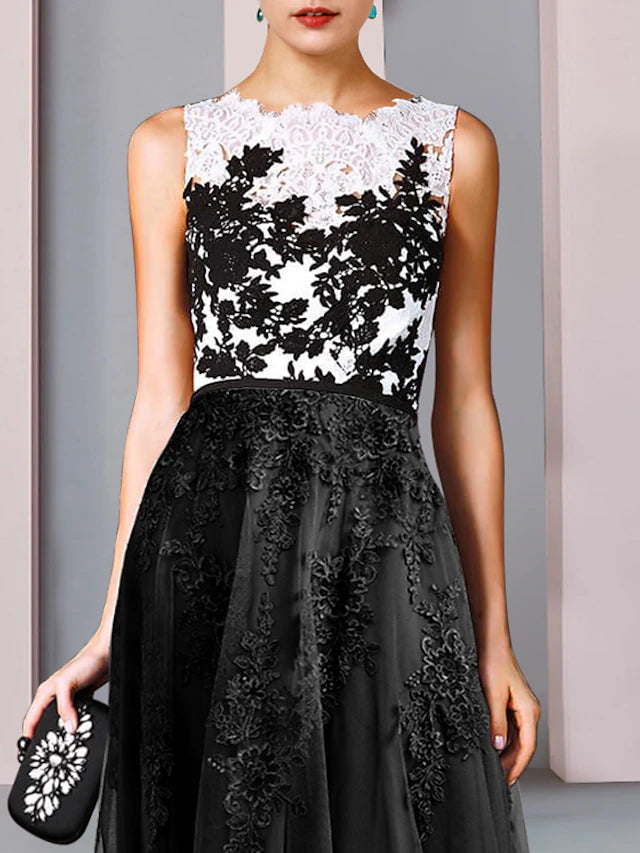 Luolandi Sheath / Column Mother of the Bride Dress Wedding Guest Vintage Party Scoop Neck Tea Length Lace Tulle Sleeveless with Bow(s)