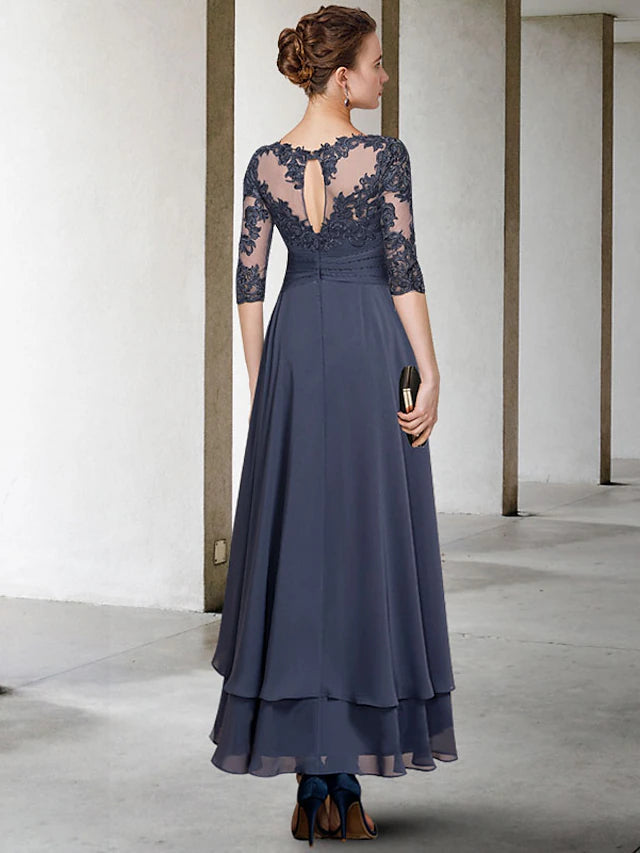 Luolandi A-Line Mother of the Bride Dress Plus Size Elegant High Low Jewel Neck Asymmetrical Tea Length Chiffon Lace Short Sleeve with Ruched Beading