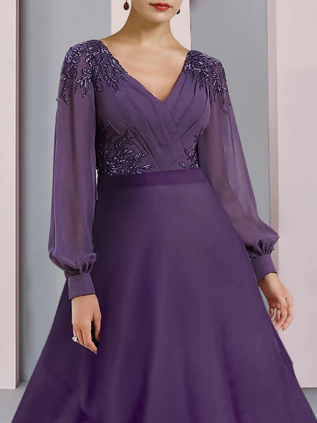 Luolandi Sheath / Column Mother of the Bride Dress Wedding Guest Party Elegant V Neck Asymmetrical Chiffon Lace Long Sleeve