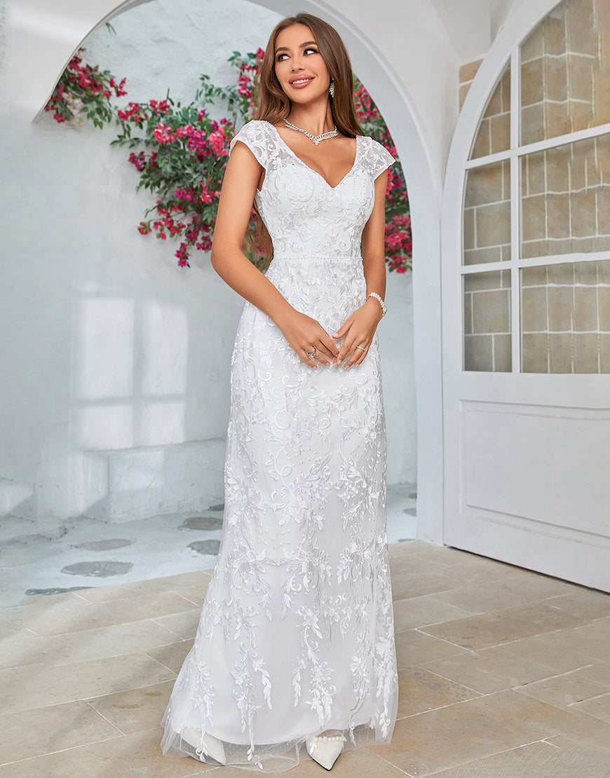 Luolandi Ivory Mermaid Lace V-Neck Wedding Dress Floor Length Beautiful