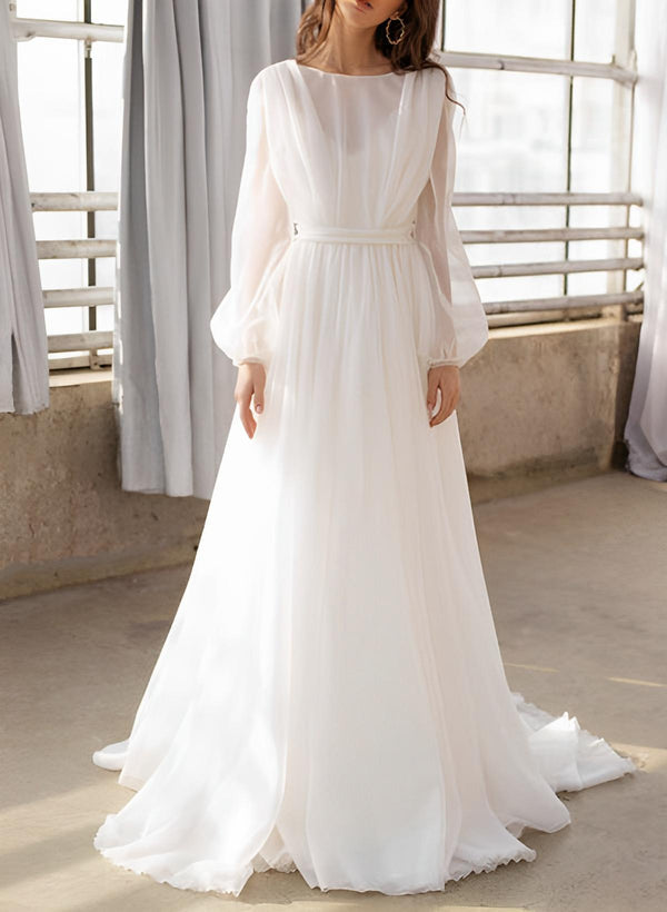 Luolandi A-Line Illusion Neck Long Sleeves Sweep Train Chiffon Wedding Dresses