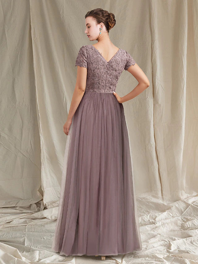 Luolandi A-Line Mother of the Bride Dress Luxurious Elegant Jewel Neck Floor Length Lace Tulle Short Sleeve with Pleats