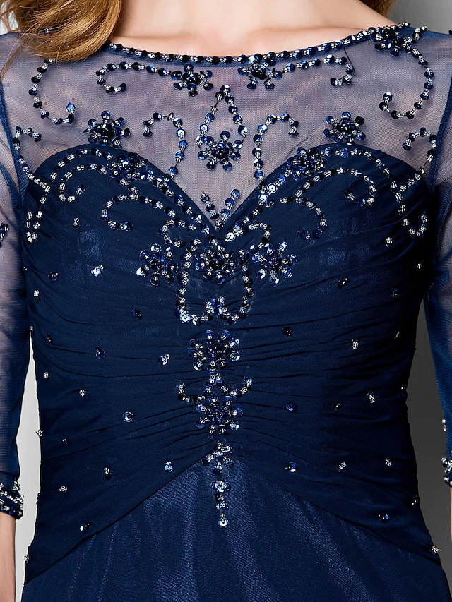 Luolandi A-Line Mother of the Bride Dress See Through Jewel Neck Chiffon Tulle Half Sleeve with Ruched Crystals Beading Dark Navy