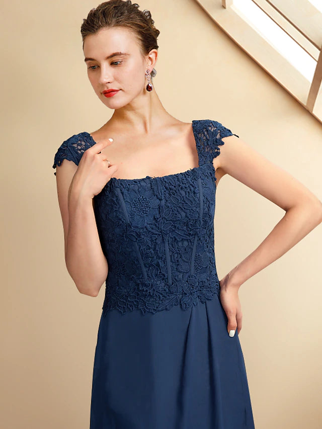 Luolandi Two Piece A-Line Mother of the Bride Dress Church Plus Size Elegant High Low Square Neck Asymmetrical Tea Length Chiffon Lace Short Sleeve Wrap Included