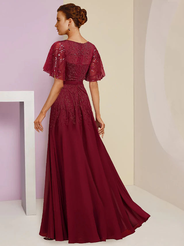Luolandi Sheath / Column Mother of the Bride Dress Wedding Guest Elegant Sparkle & Shine V Neck Floor Length Chiffon Lace Sequined Short Sleeve with Pleats