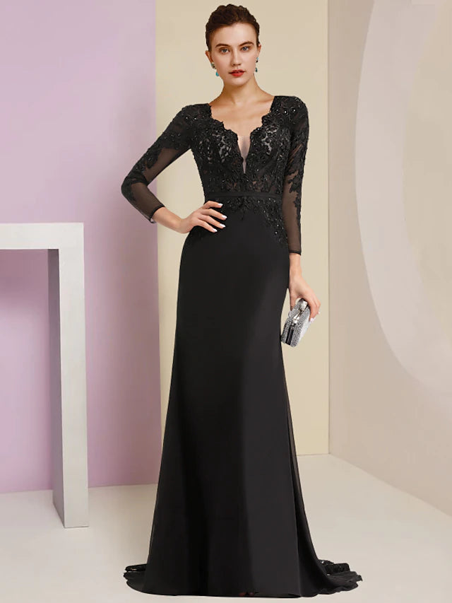 Luolandi Sheath / Column Mother of the Bride Dress Wedding Guest Vintage Party V Neck Court Train Chiffon Lace Long Sleeve