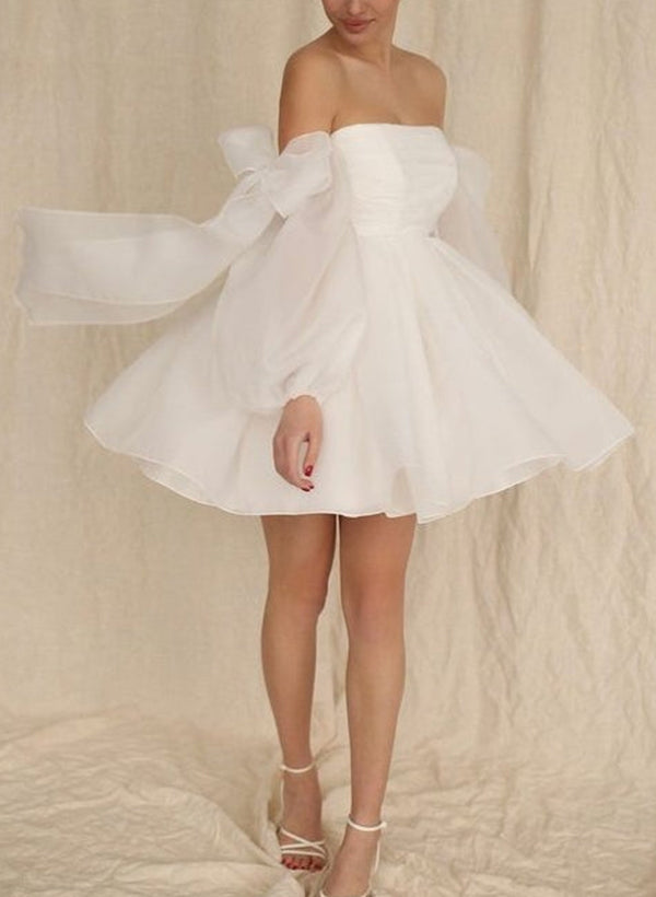 Luolandi A-Line Puff Long Sleeves Short Wedding Dresses With Bows Off Shoulder