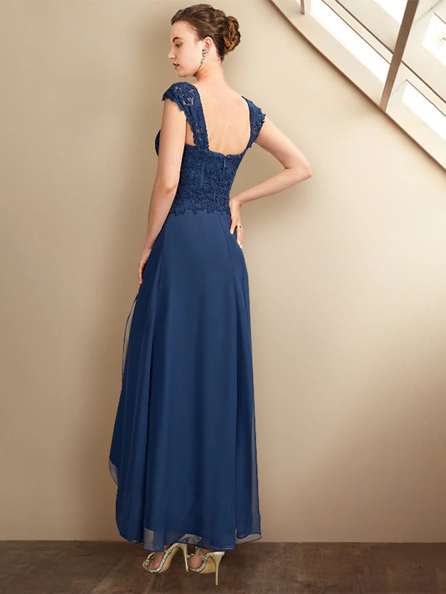 Luolandi Two Piece A-Line Mother of the Bride Dress Church Plus Size Elegant High Low Square Neck Asymmetrical Tea Length Chiffon Lace Short Sleeve Wrap Included