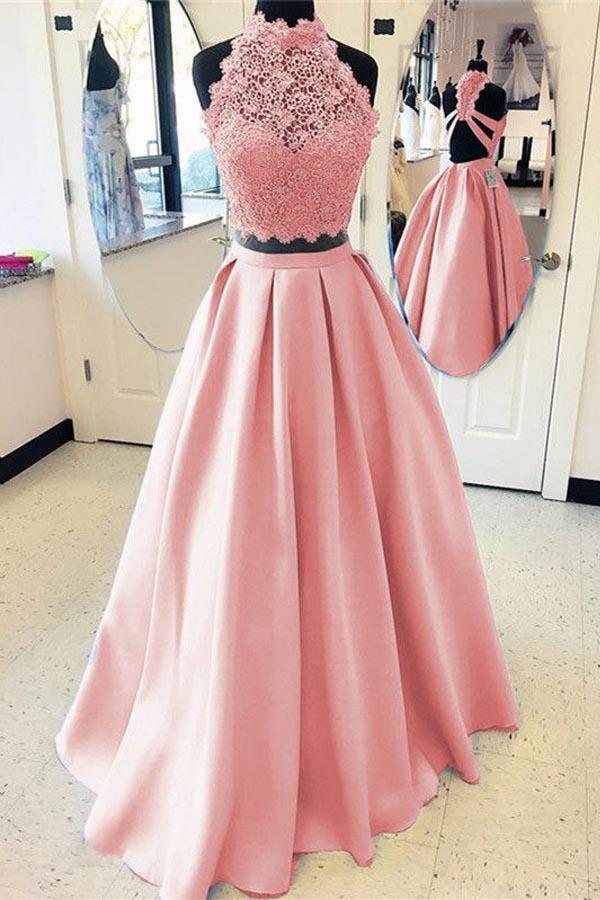 Luolandi Two Piece Lace High Neck Prom Dresses Floor Length Light Blue Elegant Evening Dress