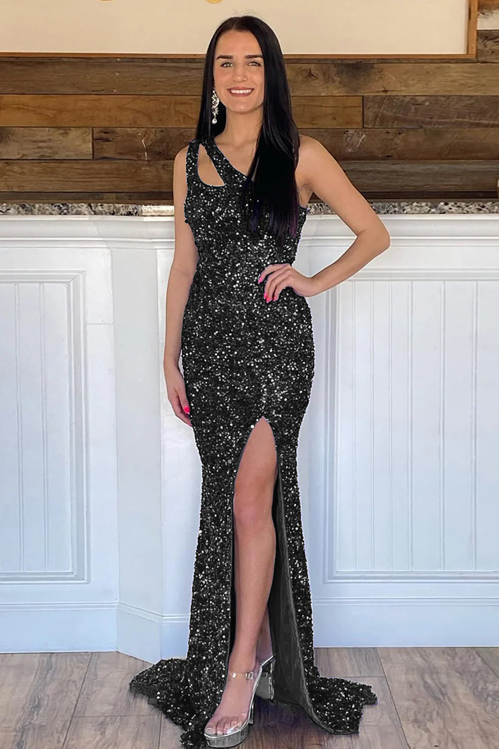 Luolandi Sparkly Sequins Black Mermaid One Shoulder Long Prom Dress With Slit Sexy Evening Dress