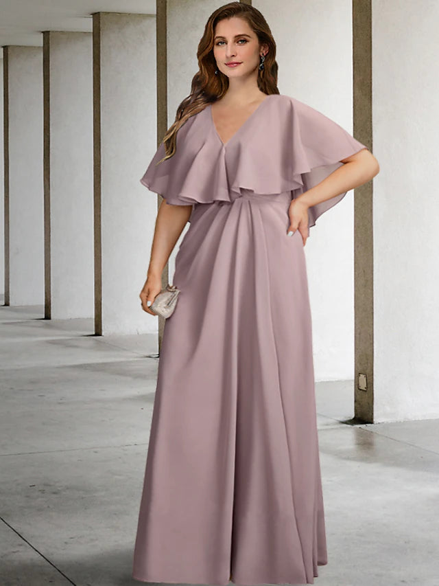 Luolandi Two Piece A-Line Plus Size Curve Mother of the Bride Dresses Elegant Dress Formal Floor Length Sleeveless V Neck Chiffon with Pleats