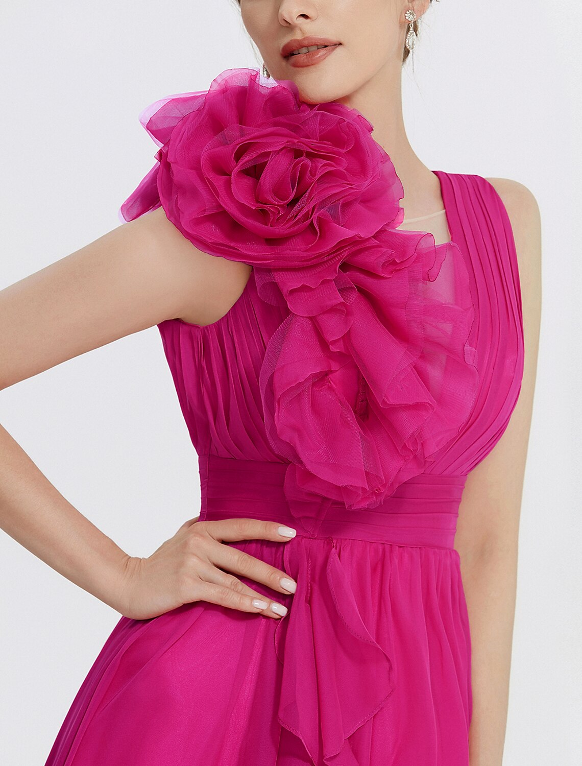 Luolandi A-Line Evening Gown Floral Dress Formal Wedding Guest Sleeveless V Neck Long Prom Dress with Ruched