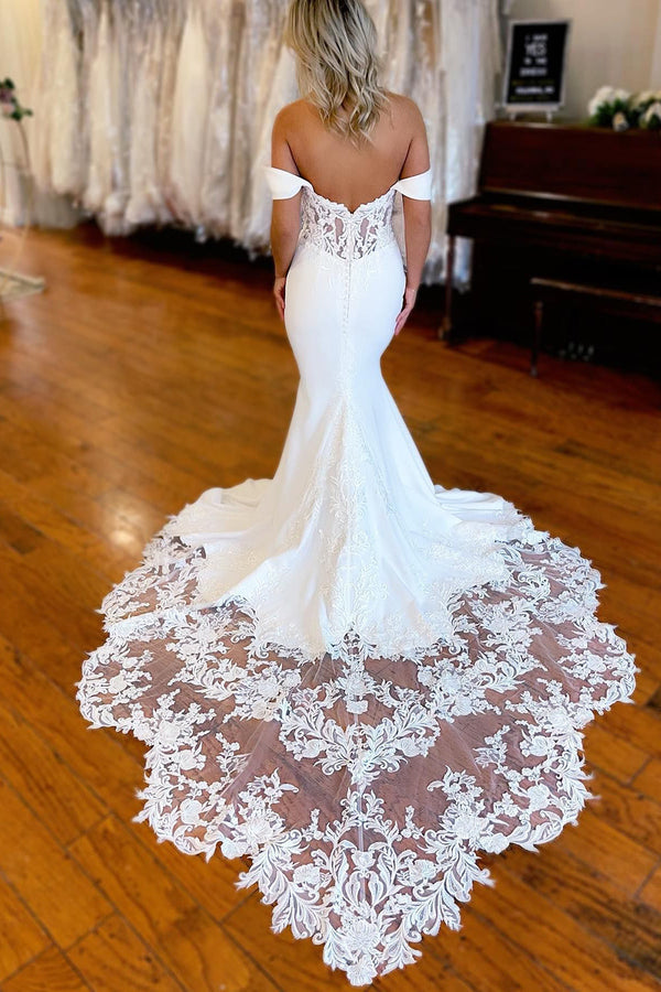 Luolandi Boho Mermaid Off the Shoulder Long Wedding Dress with Lace Beautiful