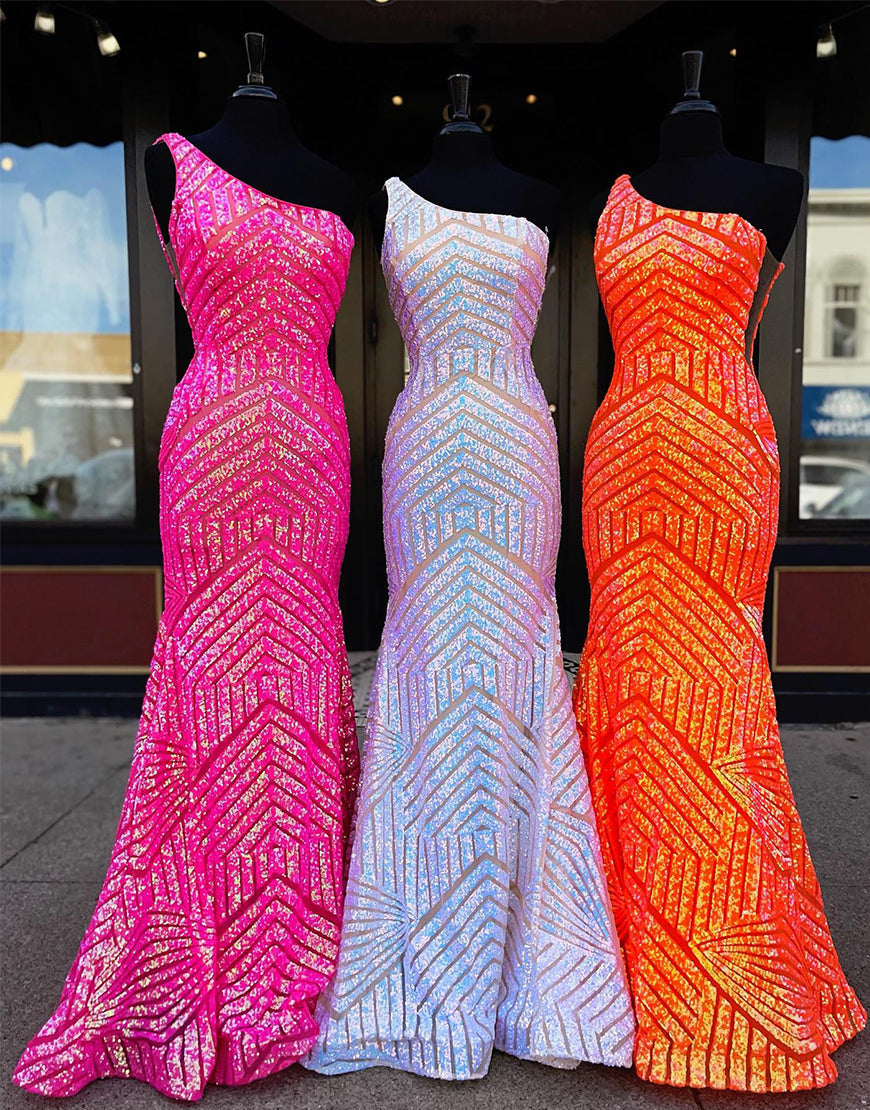 Luolandi Mermaid Sequin Dark Red One Shoulder Prom Dress Sparkly Evening Dresses