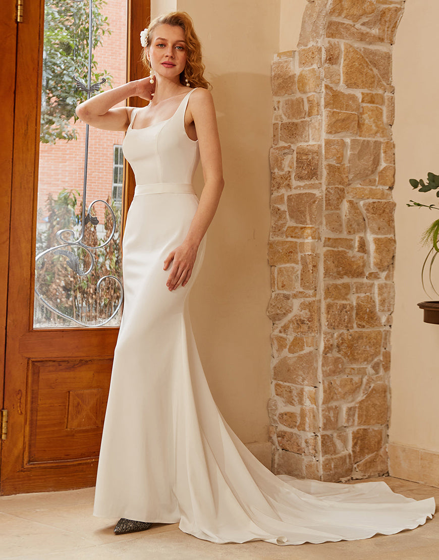 Luolandi Square Neck Wedding Dress With Sweep Train Pure Color
