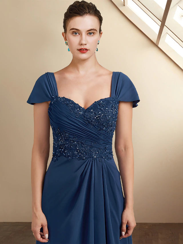 Luolandi A-Line Mother of the Bride Dress Elegant High Low Square Neck Asymmetrical Tea Length Chiffon Lace Cap Sleeve Wrap Included with Sequin Appliques