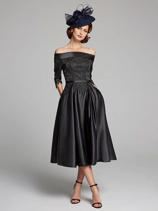 Luolandi A-Line Mother of the Bride Dress Plus Size Sexy Off Shoulder Tea Length Satin Lace 3/4 Length Sleeve