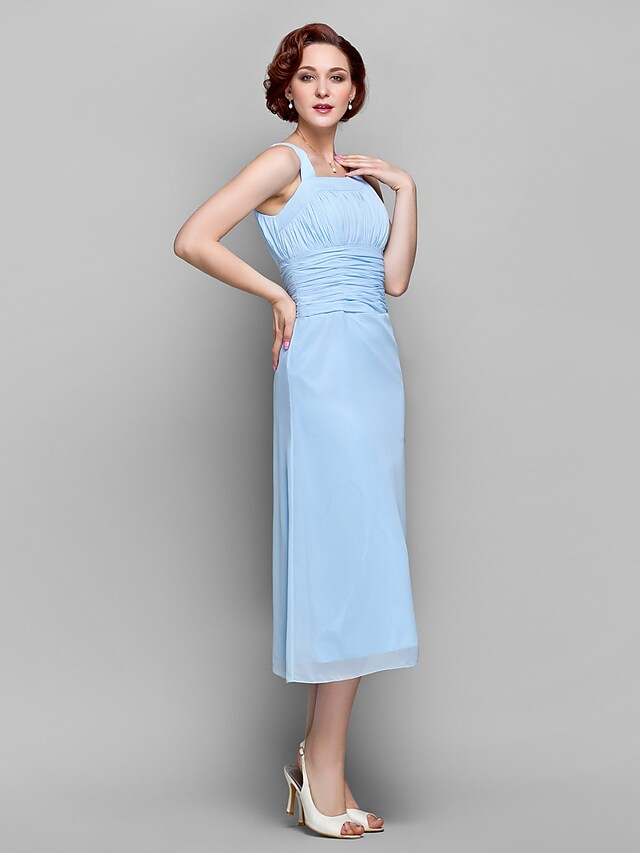 Luolandi Mother of the Bride Dress Elegant Straps Tea Length Chiffon Sleeveless with Ruched Draping Pure Color