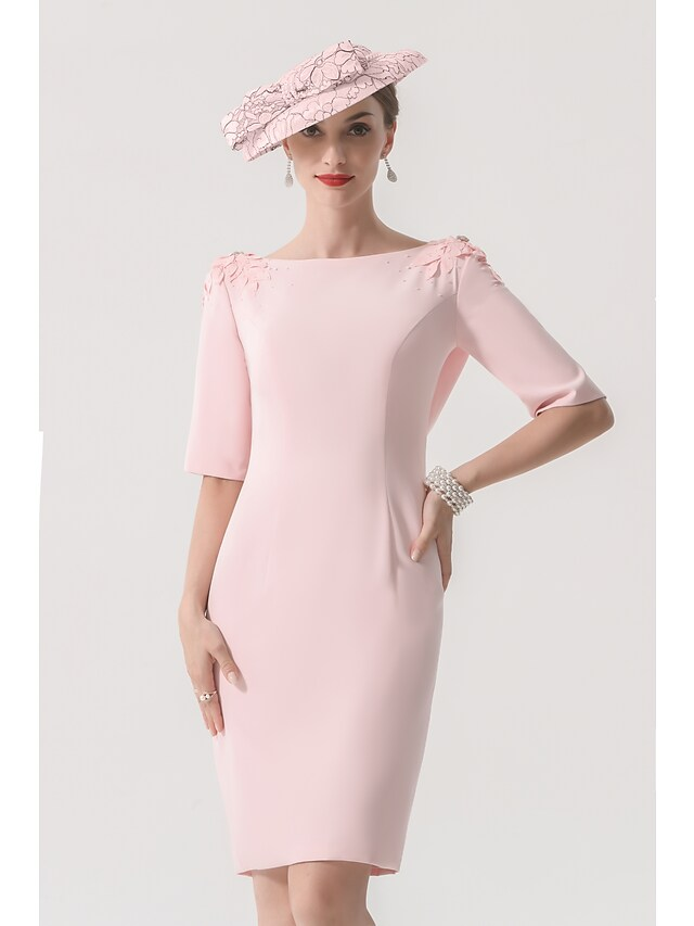 Luolandi Mother of the Bride Dress Elegant Jewel Neck Knee Length Satin Half Sleeve with Appliques Excluding Hat