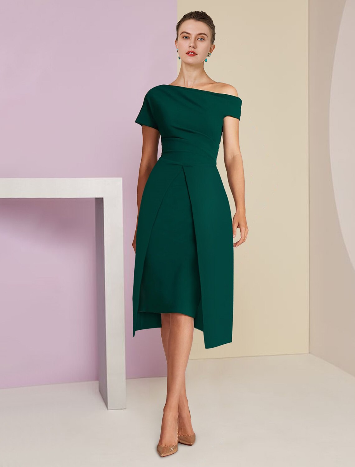 Luolandi A-Line Sheath / Column Mother of the Bride Dress Formal Wedding Guest Elegant One Shoulder Tea Length Sleeve