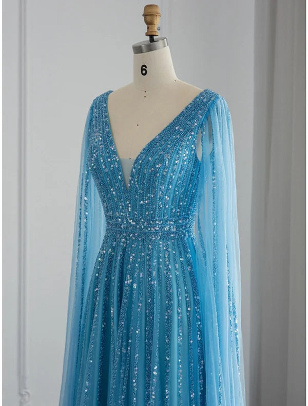 Luolandi A-Line Evening Gown Sparkle & Shine Dress Formal Fall Sweep / Brush Train Long Sleeve V Neck Sequined with Glitter Pleats Beautiful