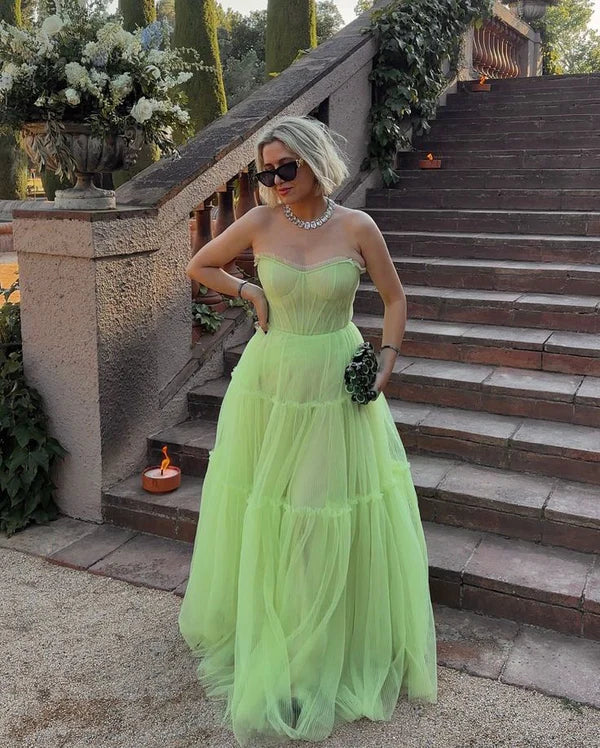 Luolandi Light Green Tulle Ruffled Long A Line Evening Dress Strapless Prom Dress Charming