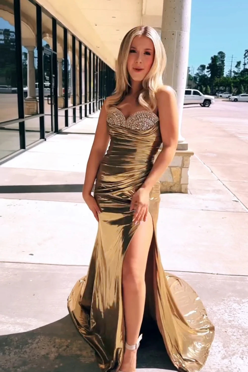 Luolandi Golden Mermaid Strapless Long Prom Dress With Slit Sexy Evening Dress