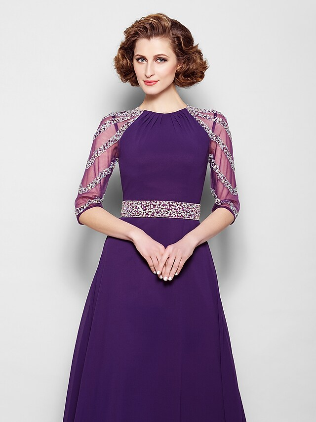 Luolandi A-Line Mother of the Bride Dress See Through Jewel Neck Floor Length Tulle Georgette Half Sleeve with Sash Ribbon Beading
