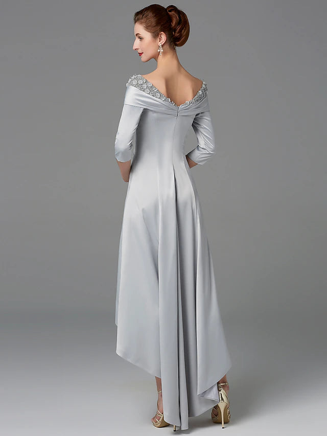 Luolandi A-Line Mother of the Bride Dress Sparkle & Shine High Low Off Shoulder Asymmetrical Satin Half-Sleeve with Lace