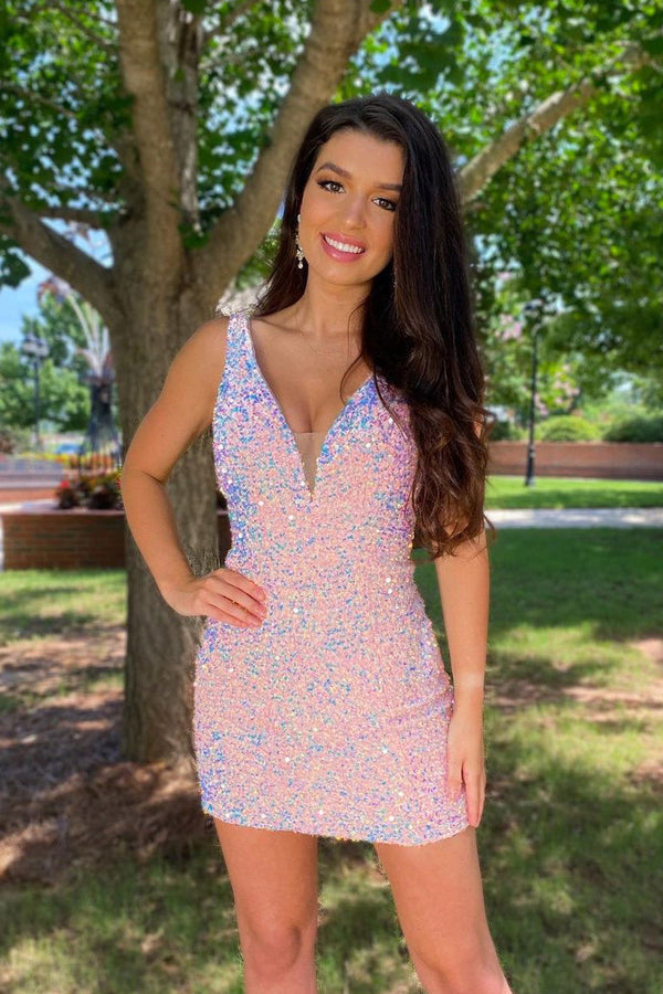 Luolandi Bodycon V Neck Sequins Homecoming Dress Sparkly Party Dress