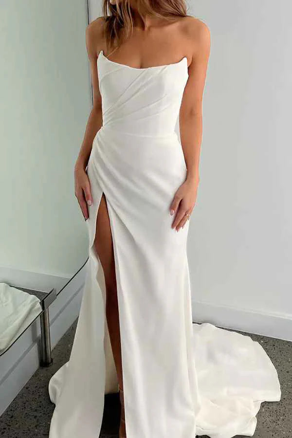 Luolandi Leisure satin speaker without shoulder strap pleats side slit beach wedding dress Ivory