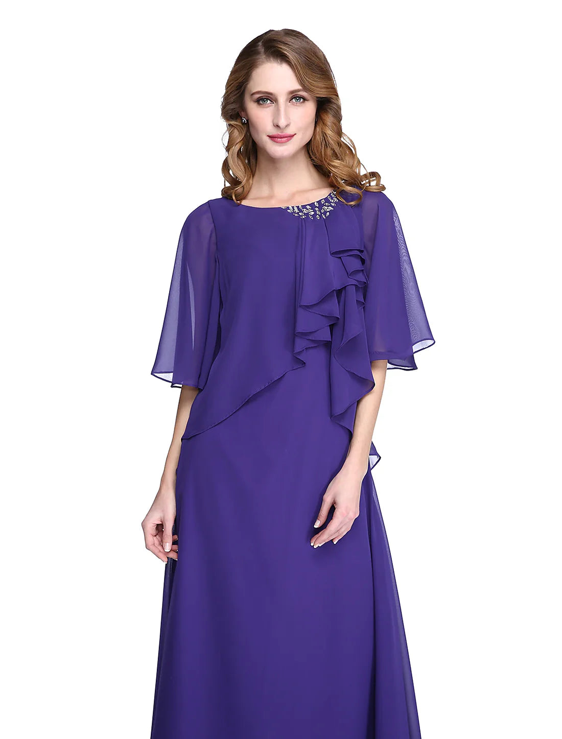 Luolandi Sheath / Column Mother of the Bride Dress Elegant Open Back Jewel Neck Floor Length Chiffon Half Sleeve with Pleats Beading