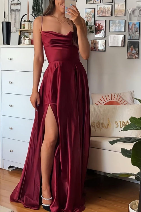 Luolandi A Line Spaghetti Straps Burgundy Long Prom Dress with Split Front Sexy Evening Party Dress