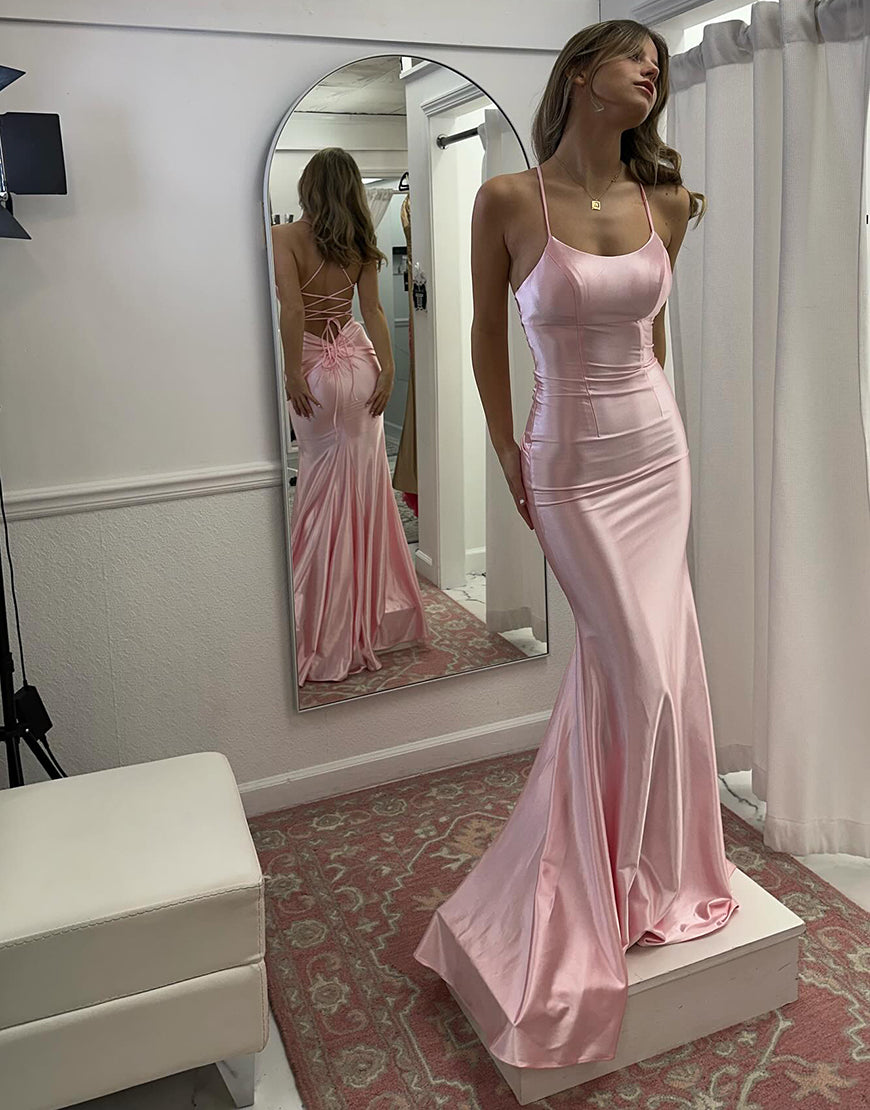 Luolandi Blush Mermaid Spaghetti Strap Long Prom Dress Pure Color Sexy Evening Party Dresses
