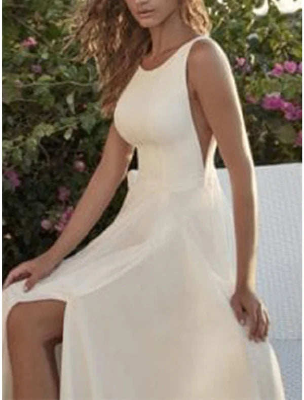 Luolandi Simple Wedding Dresses A-Line Scoop Neck Sleeveless Floor Length Chiffon Bridal Gowns With Split
