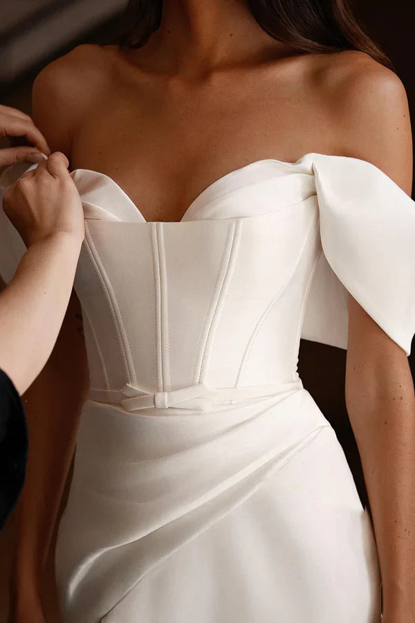 Luolandi Minimalist satin slim fit off shoulder side slit wedding dress Floor Length Sexy