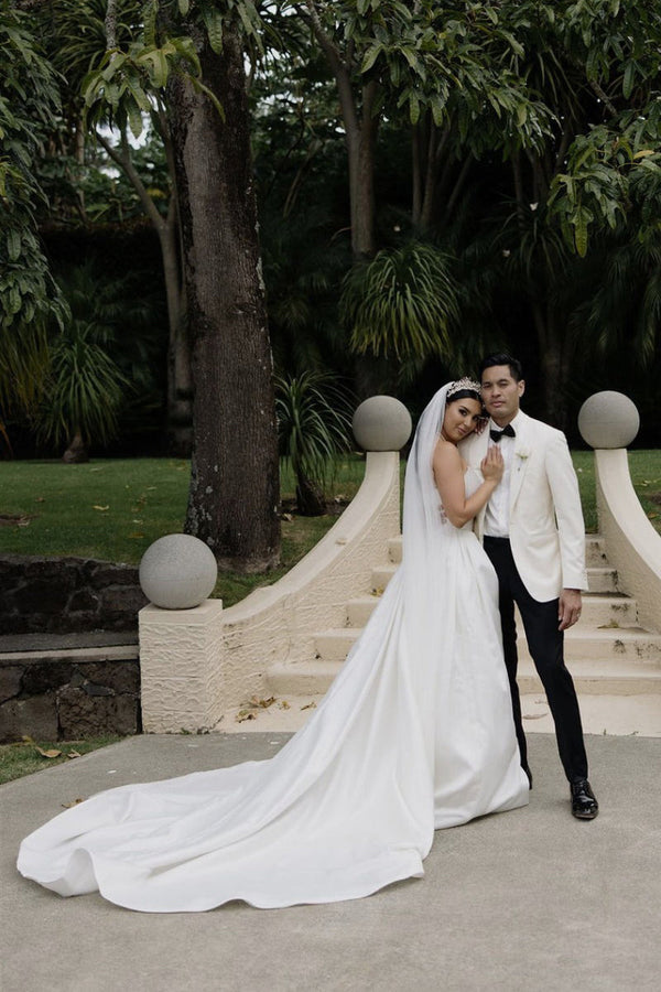 Luolandi Elegant A-Line Strapless Satin Wedding Dress with Slit Off Shoulder Sexy