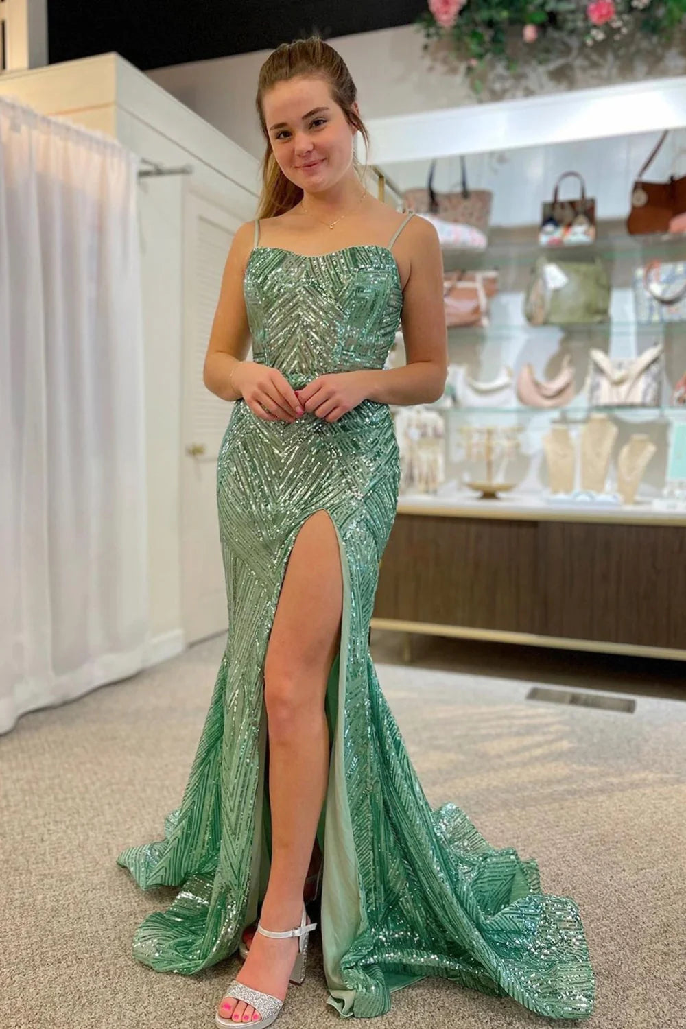 Luolandi Sparkly Green Mermaid Spaghetti Straps Long Prom Dress With Slit Evening Dress