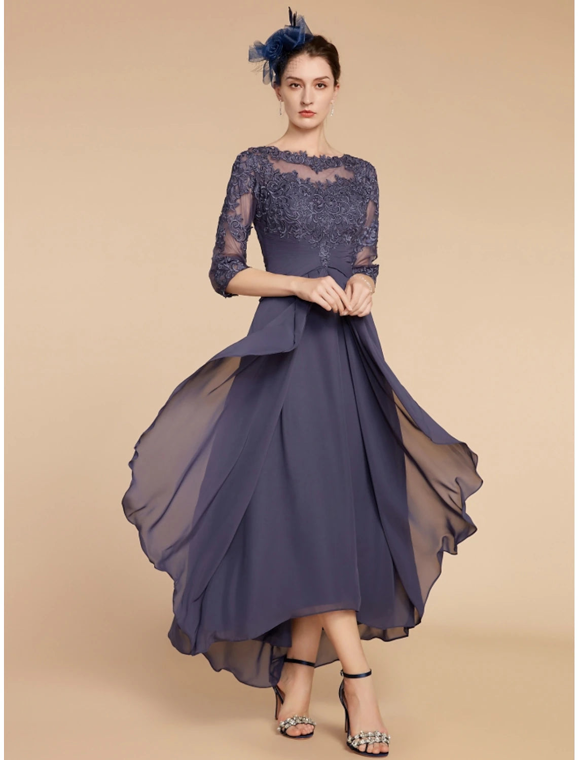 Luolandi A-Line Mother of the Bride Dress Wedding Guest Elegant Scoop Neck Ankle Length Chiffon Lace 3/4 Length Sleeve