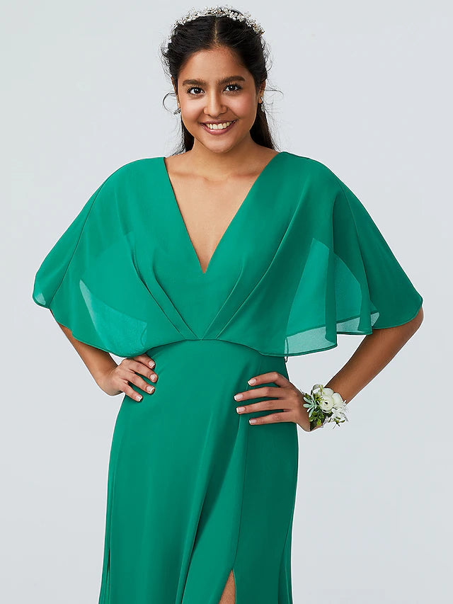 Luolandi Sheath / Column Bridesmaid Dress V Neck Short Sleeve Sparkle & Shine Floor Length Chiffon with Split