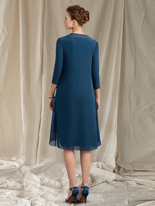Luolandi Two Piece Sheath / Column Mother of the Bride Dress Church Elegant V Neck Knee Length Chiffon Lace Half Sleeve Jacket Dresses with Appliques Crystal
