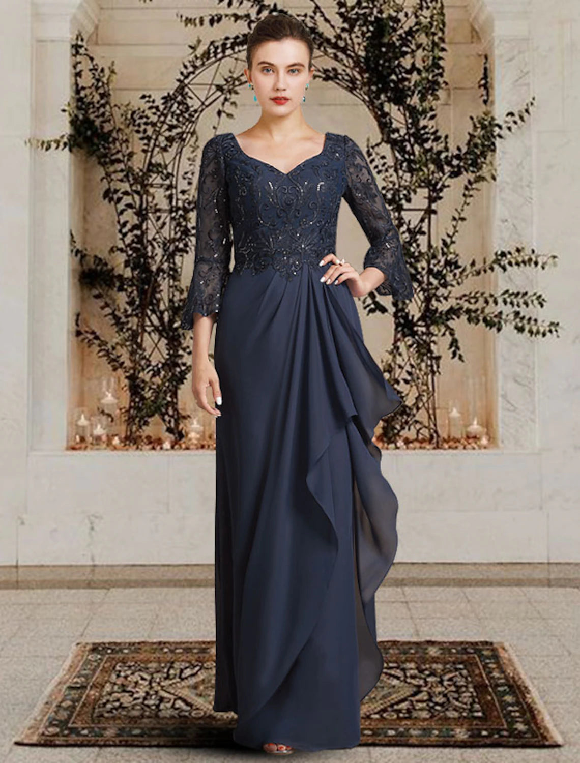 Luolandi Sheath / Column Mother of the Bride Dress Elegant V Neck Floor Length Chiffon Lace 3/4 Length Sleeve with Pleats