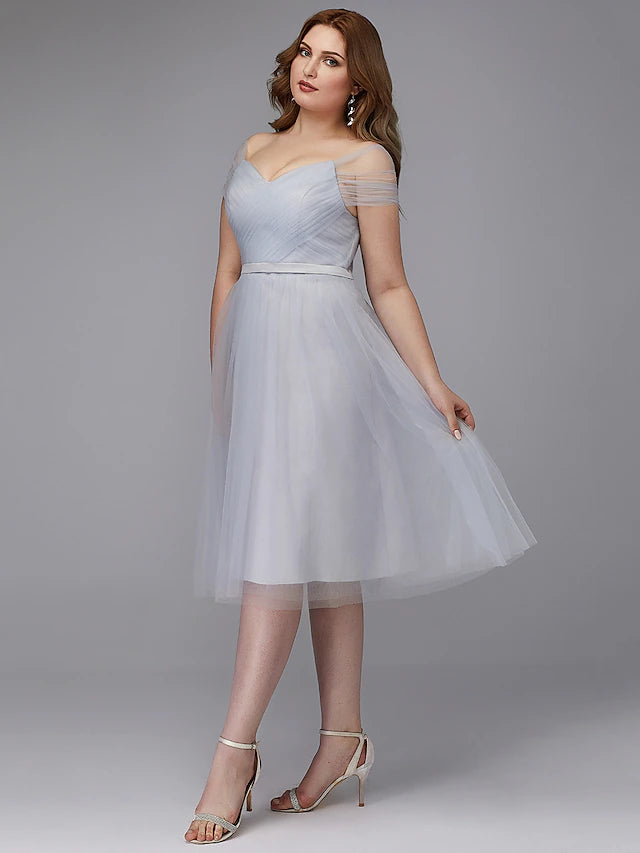 Luolandi A-Line Elegant Dress Wedding Guest Tea Length Short Sleeve Off Shoulder Tulle with Sash / Ribbon