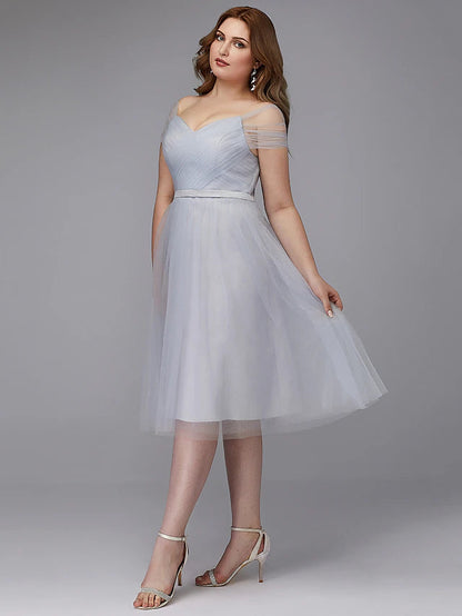 A-Line Elegant Dress Wedding Guest Tea Length Short Sleeve Off Shoulder Tulle with Sash / Ribbon
