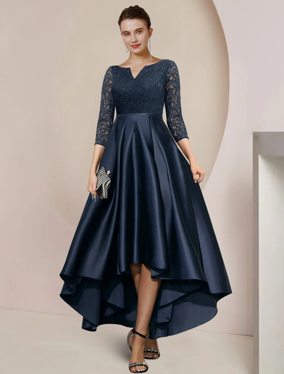 Luolandi A-Line Mother of the Bride Dress Formal Wedding Guest Elegant High Low Scoop Neck Asymmetrical Tea Length Satin Lace 3/4 Length Sleeve