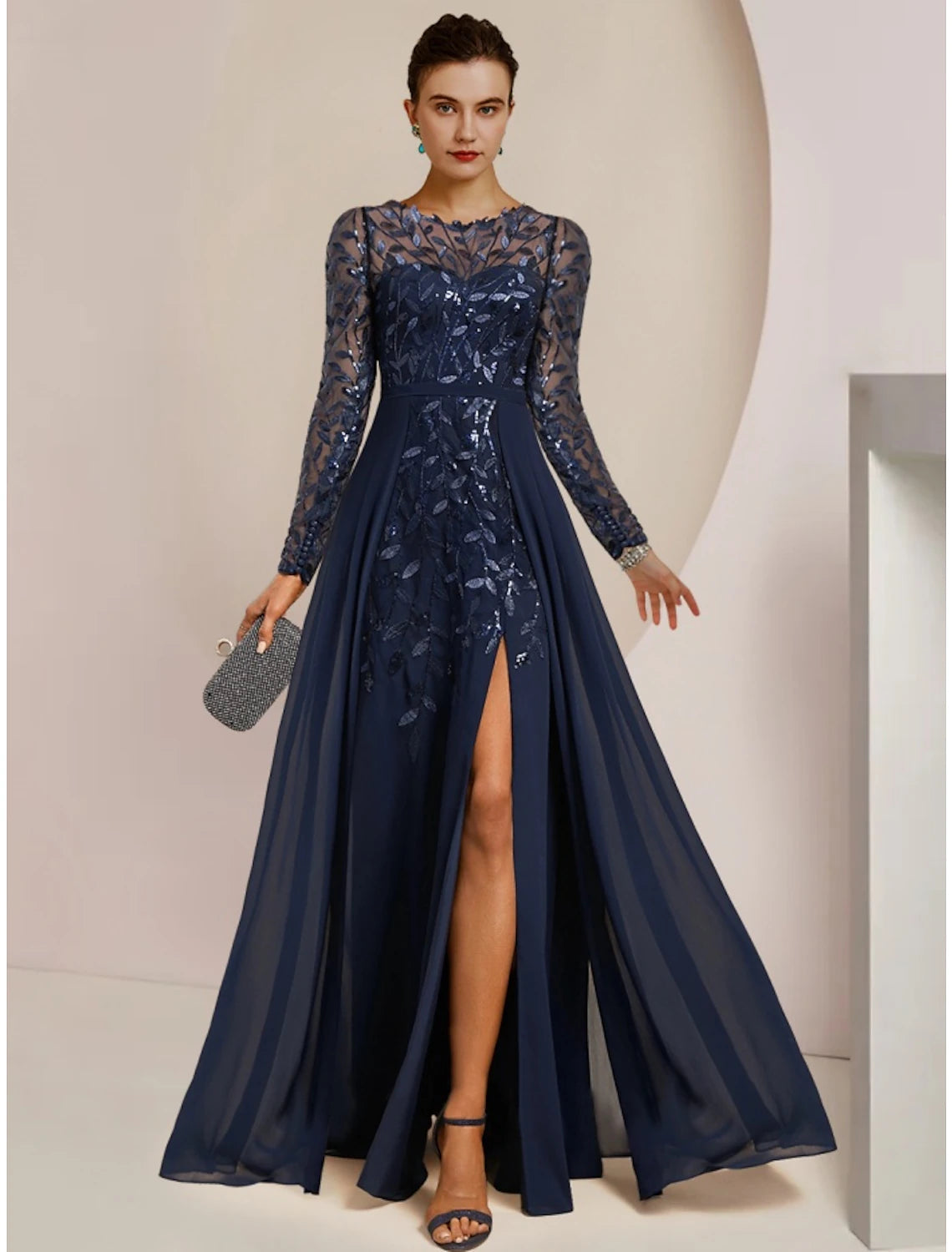 Luolandi A-Line Mother of the Bride Dress Wedding Guest Elegant Jewel Neck Floor Length Chiffon Lace Sequined Long Sleeve